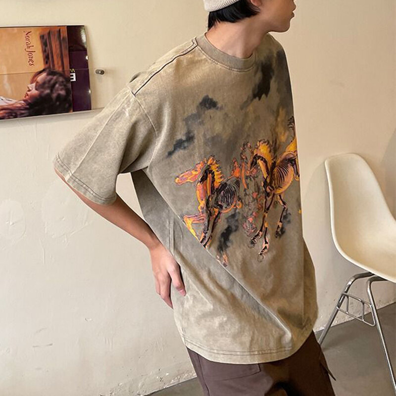 2023 letnie nowe bawełniane męska koszulka uliczne Hip-hopowe nadruk z koniem duchów Tatoo amerykańskie Graffiti Top luźne luźne ubranie Plus Size