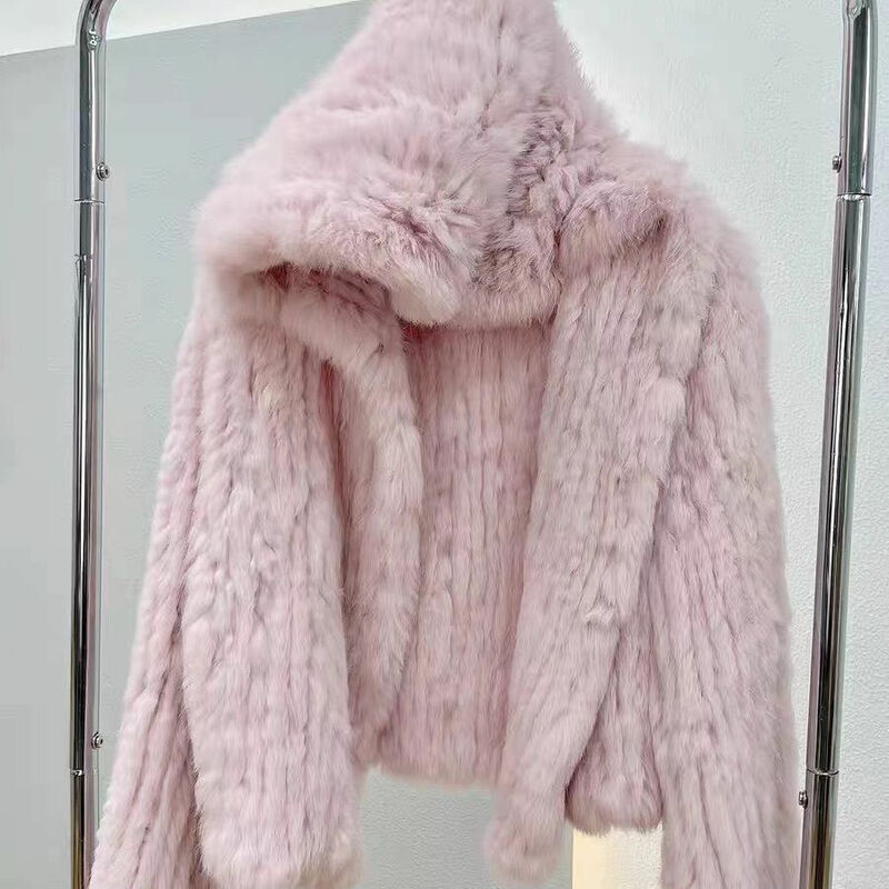 여성용 진짜 토끼 모피 코트, 100% 천연 모피 재킷, 느슨한 수동 직조 품질 스트리트웨어, 후드 플레어 슬리브, 가을 겨울 신상
