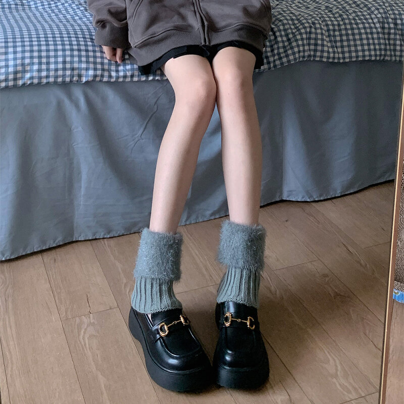 Women Warm Leg Warmers Lady Crochet Knitted Turn-over Fur Trim Thick Boot Cuffs Foot Cover Leg Socks Jk Winter