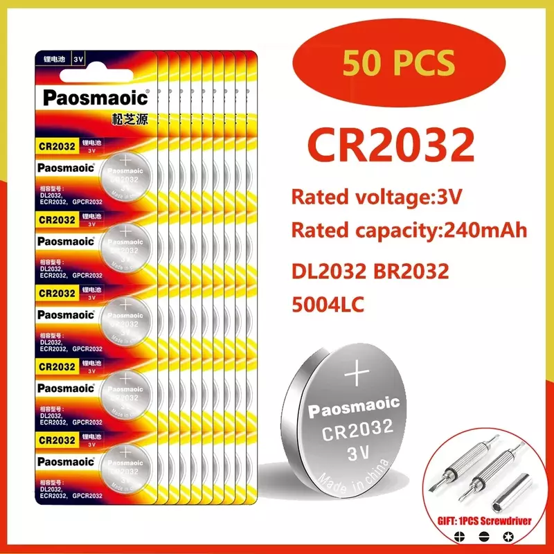Original KCR2032 CR2032 3V Lithium Battery 2-50pcs DL2032 BR2032 5004LC 2032 for watch, toys, car key, Calculator +screwdriver
