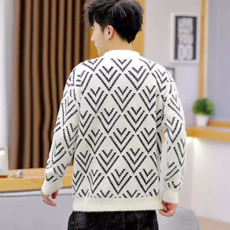 Suéter de punto Harajuku para hombre, ropa con cuello gráfico, Sudadera con capucha blanca, sobreajuste con calefacción de diseñador antiguo, Coreano