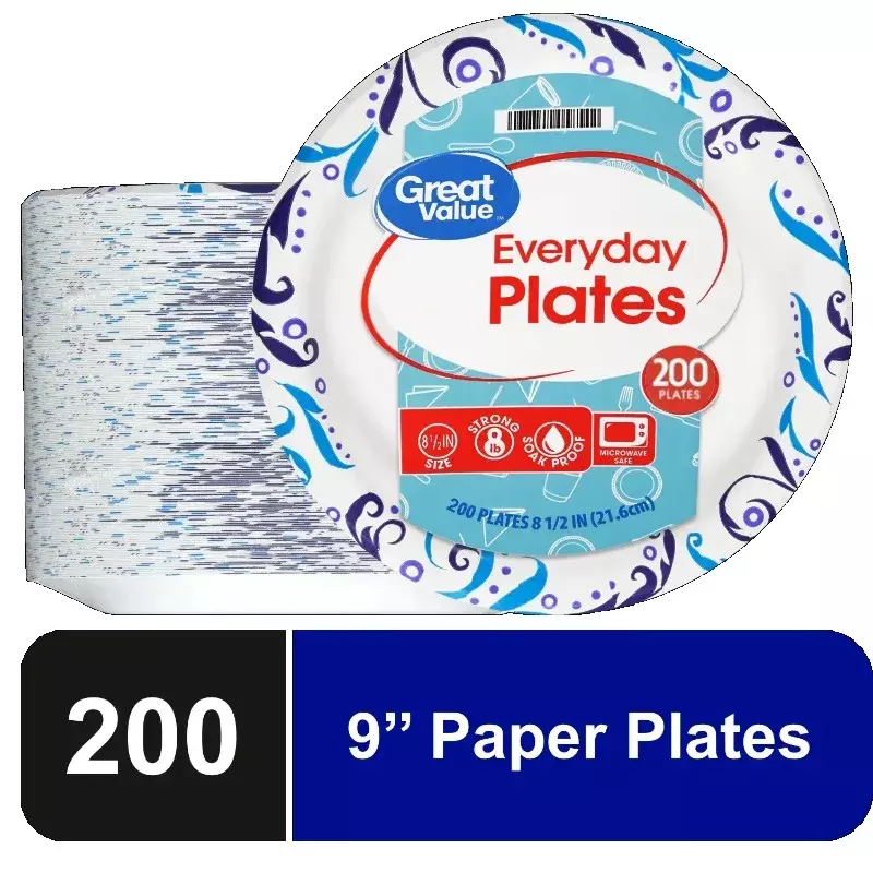 Great Value Everyday Strong, Soak Proof, Microwave Safe, Disposable Paper Plates, 9 in, Patterned, 200 Count