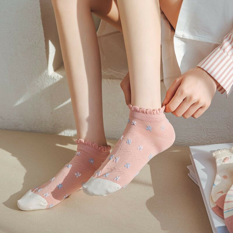 Socks Women's Pink Series Flower Printed Cotton Socks Comfortable Breathable Invisible Japanese Kawaii Ankle Socks Woman B125