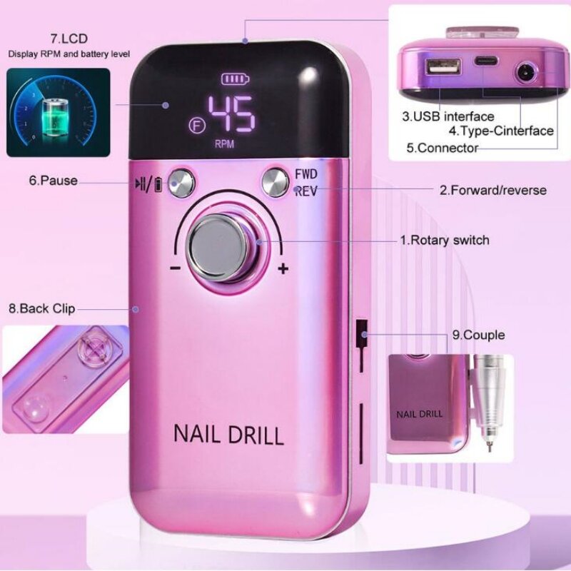 45000RPM Electric Nail Drill Machine Professional Nail Drills for Gel Nails Polish Rechargeable Portable Nail File Manicure Tool
