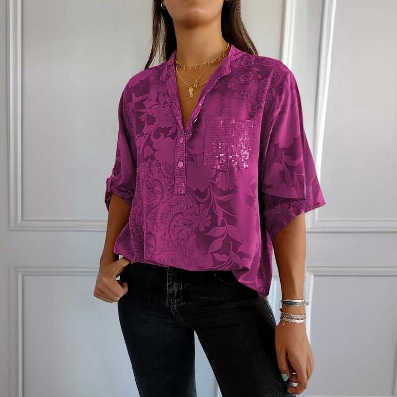 여성용 프린트 브이넥 셔츠, 세련된 브이넥 라펠 셔츠, 스팽글 패치 포켓 반팔 풀오버, 여름