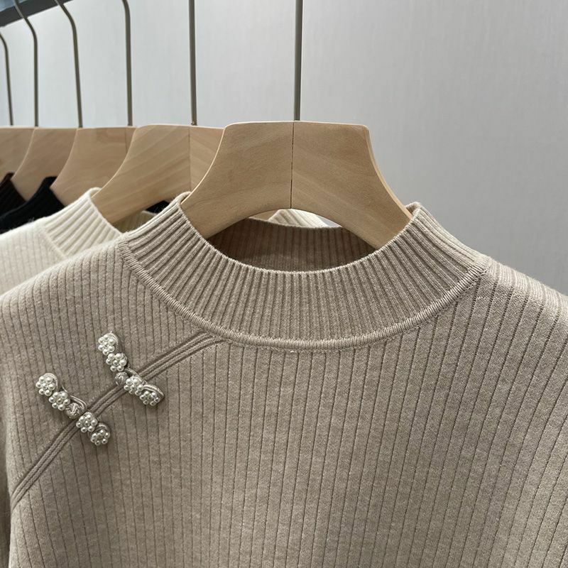Suéter de punto forrado de terciopelo grueso de felpa con cuello redondo para mujer, ropa de otoño e invierno, suéteres delgados de manga larga sólidos para mujer