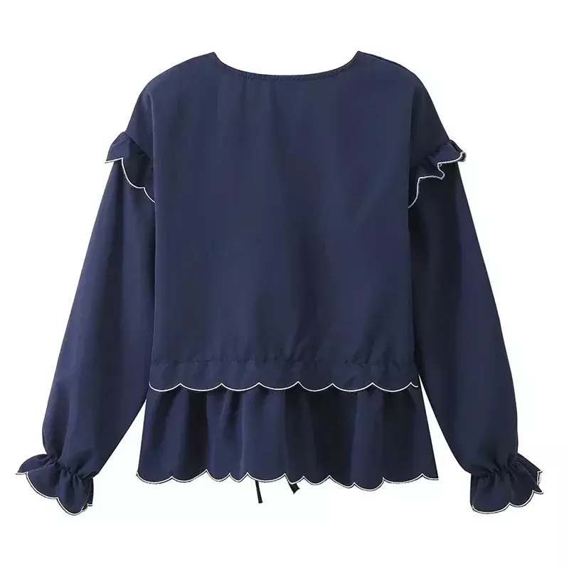 TRAF Ruffle Blue Tops Women Top Spring Summer 2024 V-Neck Lantern Long Sleeve Tierred  Top New In Blouse Chic And Elegant Blouse