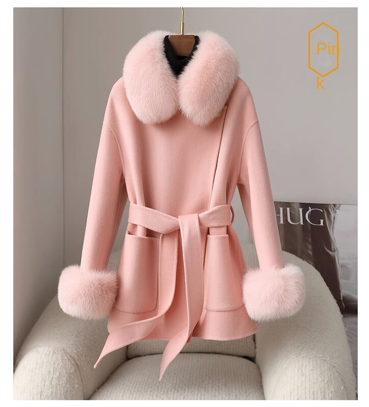 2023 Cashmere Coat Fox Fur Collar Reversible Women's Mid-Length Simple Socialite Style Fox Fur Cuffs Double-Sided Woolen Coat