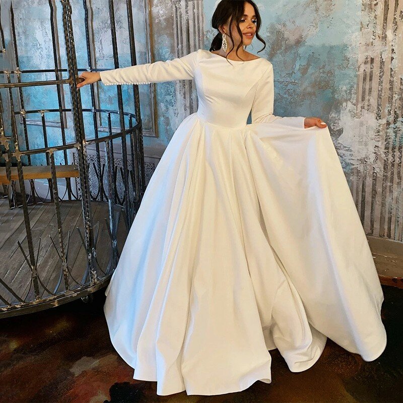 White Wedding Dresses 2023 Long Sleeves Satin Scoop Neck Vestido De Novia Bride Gown For Women To Measures Floor Length Elegant