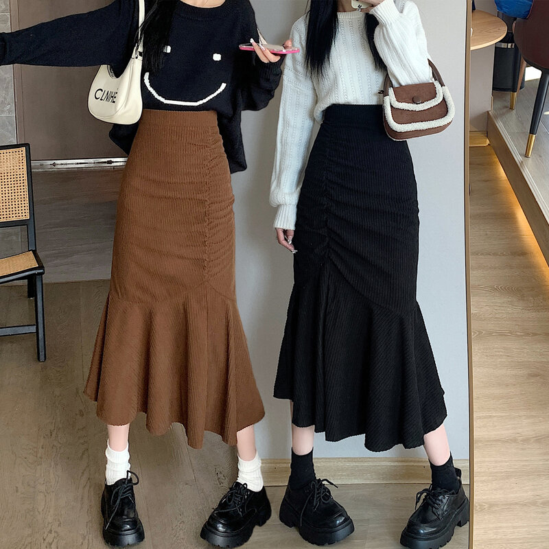 Corduroy Mermaid Skirt For Women Springa Autumn High Waist Pleated Long Skirt Lady Harajuku Streetwear Fishtail Skirt