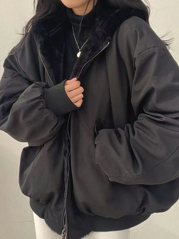 เสื้อโค้ทมีฮู้ดผู้หญิงสองด้านโอเวอร์ไซส์แจ็คเก็ตหนาอบอุ่นในฤดูหนาวเสื้อนอกขนแกะแคชเมียร์แบบวินเทจ