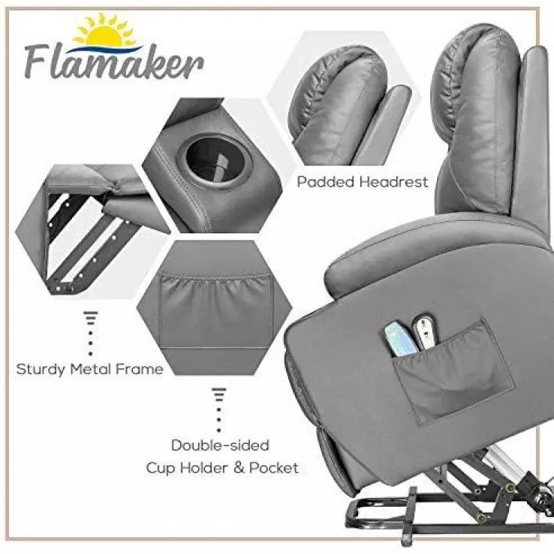 PU Leather Power Lift Cadeira reclinável para os idosos, Massagem e Aquecimento, Ergonomic Lounge Chair, Sofá Único Clássico, Flamaker