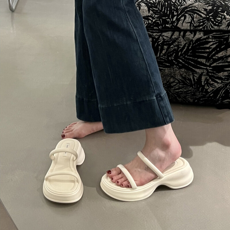 Zapatillas gruesas con punta abierta para mujer, zapatos planos de plataforma, cómodos, a la moda, 2024