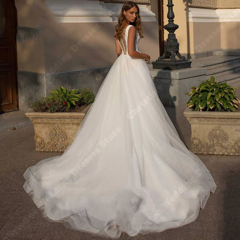 Elegancka koronka suknia ślubna z długimi rękawami z odkrytymi ramionami tiulowe suknie panny młodej 2024 nowe szata na imprezę na zamówienie Plus Size
