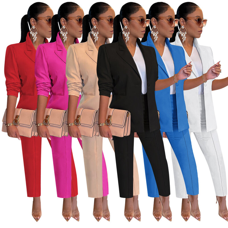 Conjunto de 2 piezas de poliéster para mujer, ropa africana de manga larga con cuello en V, Color sólido, Top y pantalón largo a juego, primavera 2023