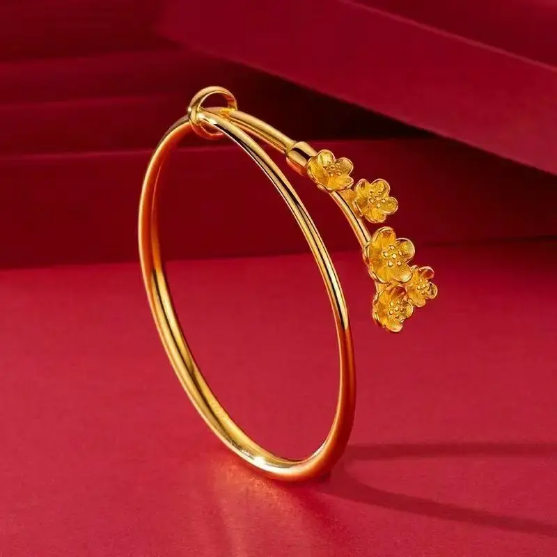 Mencheese Original New Fashion Inlaid Pink Diamond Flower Bracelet Vietnam Placer Gold Open Flower Bangle Bracelet