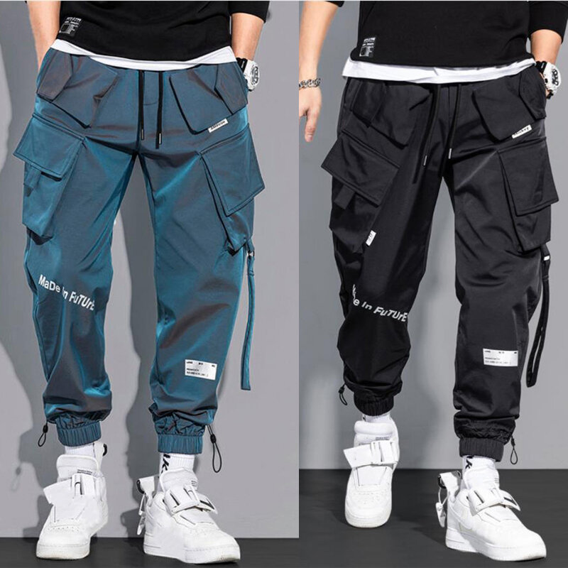 Thin Streetwear Casual Pants Men Ribbons Harem Jogging Pants Male Slim Fit Spring Cargo Pants Multi-Pockets Women Trouser K12