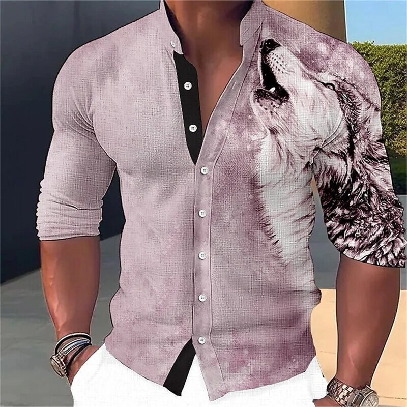 Colletto con stampa 3D animale creativo da uomo abbottonato camicia a maniche lunghe street fashion casual tessuto confortevole abbigliamento da uomo