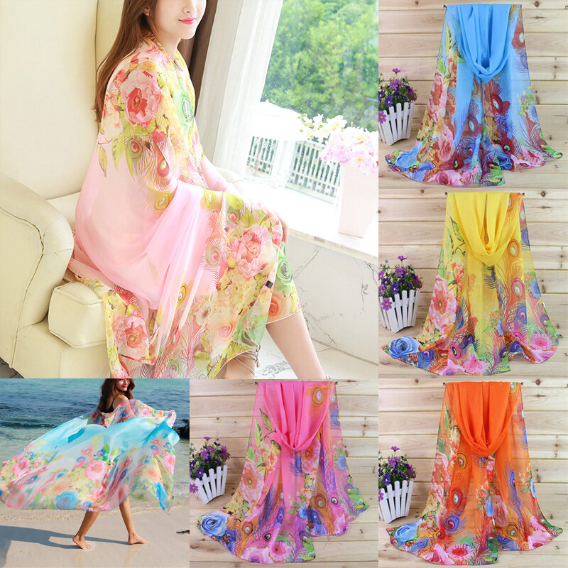 Aksesori Fashion wanita syal sutra selendang sifon handuk pantai sarung bungkus panjang musim panas menutupi motif bunga 160x50cm