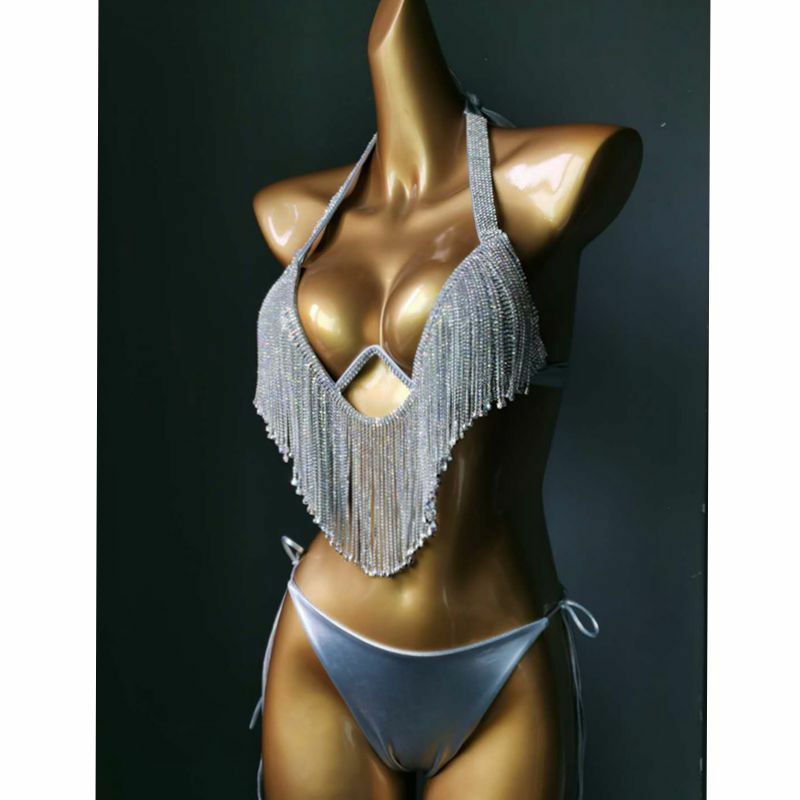 Aço Suporte Hard Cup Bikini Diamante Tassel Prata Brilhante Underwear Cintura Alta Lace Up Swimwear Conjunto de 2 peças, Terno de boate