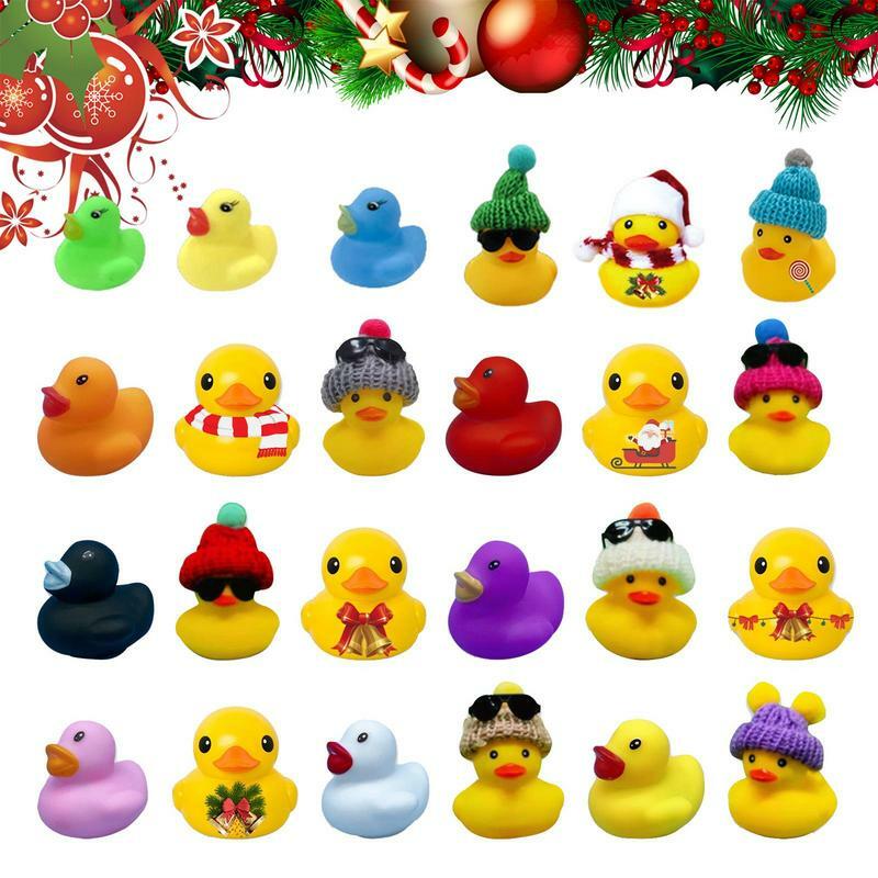 Set bebek karet Natal kalender kedatangan 24 buah, mainan bebek bak mandi lucu mainan hitung mundur Natal untuk bermain di luar ruangan dan