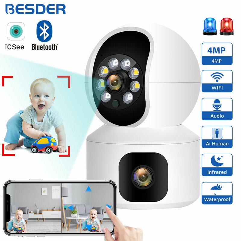 BESDER Kamera WiFi 4MP dengan Layar Ganda Monitor Bayi Penglihatan Malam Dalam Ruangan Mini PTZ Kamera IP Keamanan CCTV Kamera Pengintai