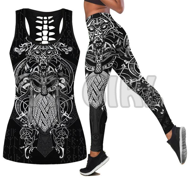 Viking tatuagem 3d impresso tank top + legging combinação outfit yoga fitness legging feminino