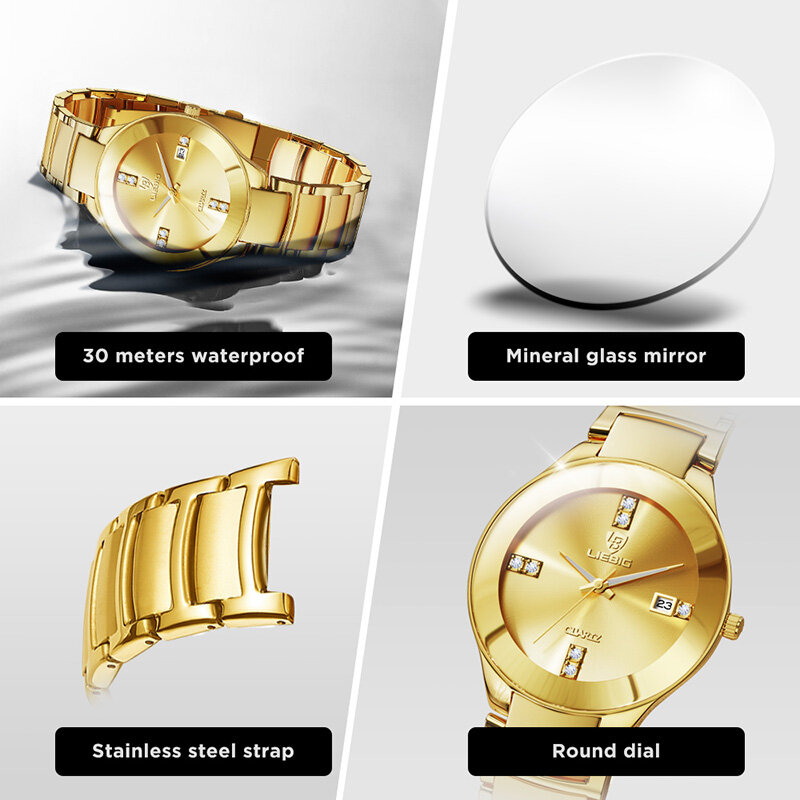 LIEBIG Fashion Golden Luminous Dispaly orologi al quarzo ragazza Luxury Full Steel Strap orologio da polso impermeabile orologio da donna Reloj Hombr