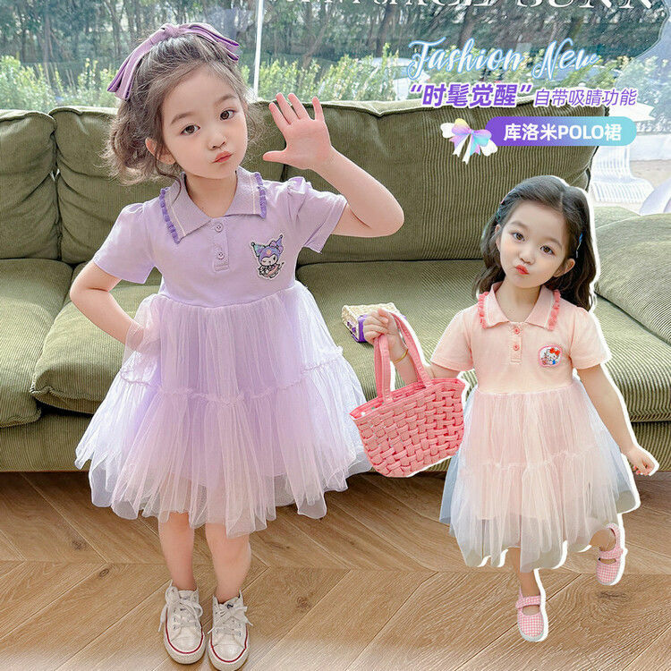 Аниме платье Sanrios Kawaii Hello Kittys Kuromi девочка с коротким рукавом Марлевое Платье милое вечернее платье принцессы Летняя детская одежда