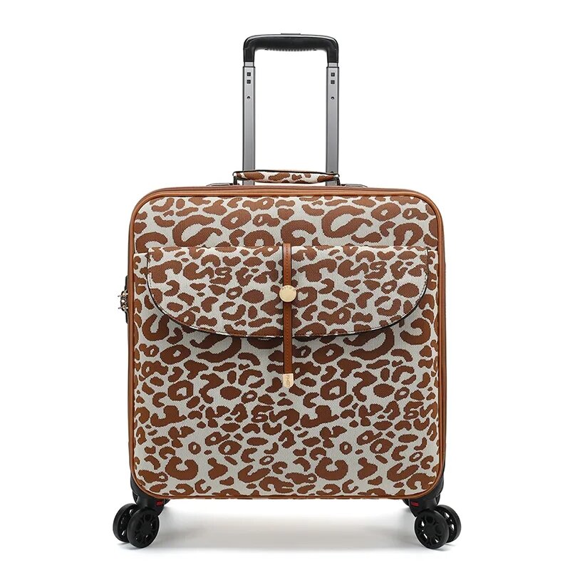 PU Rolling Luggage Travel Suitcase Women Trolley Case With Wheels 18inch Carry On Travel Bag Retro Suitcase