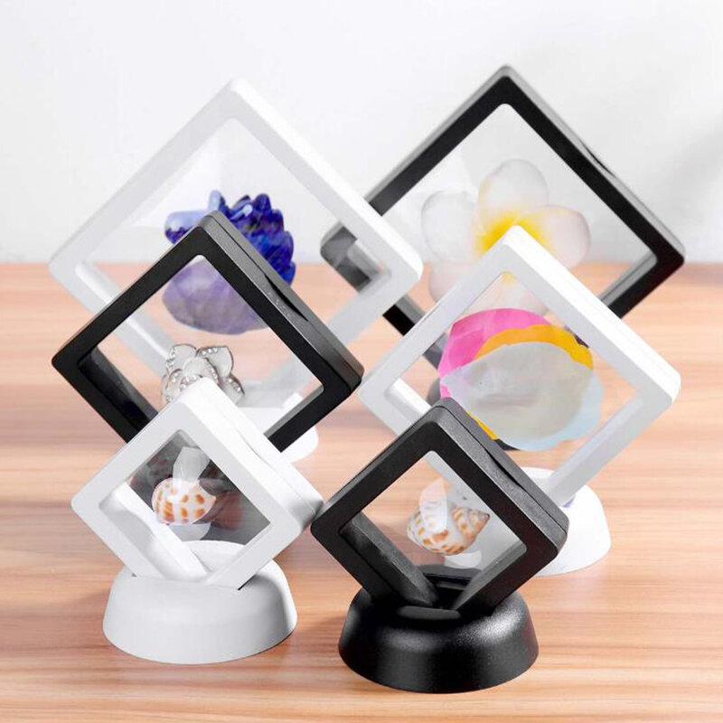 Square 3D Floating Jewelry Coin Display Frame Holder Box Case w/ Stand