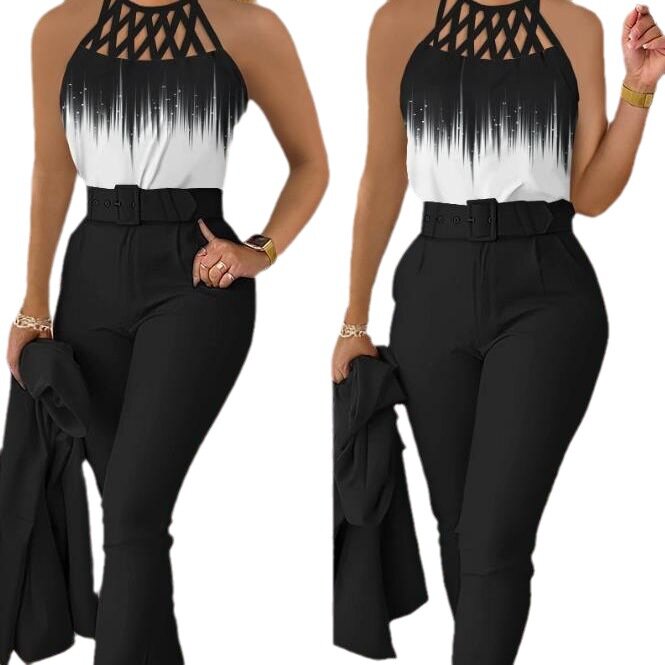 Pant Sets Women Tracksuit Sexy Print O Neck Pullover Tops Two Pieces Pencil Pants Ankle Length Hollow Sashes High Street