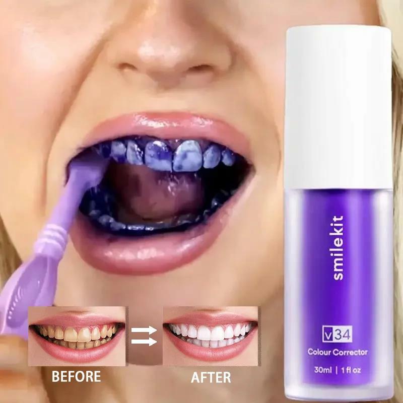 Фиолетовая отбеливающая зубная паста SMILEKIT V34, удаление дыма, пятна, удаление пятен, уменьшение пожелтения, уход за зубами, деснами, свежий запах дыхания