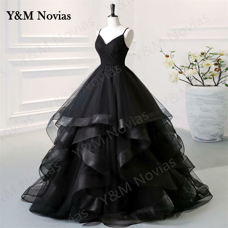 Y & M-Robe de Quinceanera noire à volants pour filles, robe de princesse, bretelles spaghetti chérie, Sweet 15, robe éducative