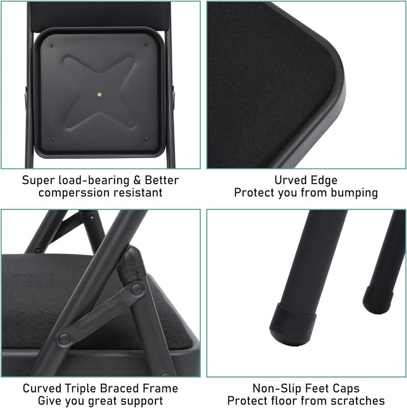 원단 패딩 쿠션이 있는 블랙 접이식 의자, 원단 다이닝 의자 세트, 휴대용 실내 야외 쌓을 수 있는 접이식 의자
