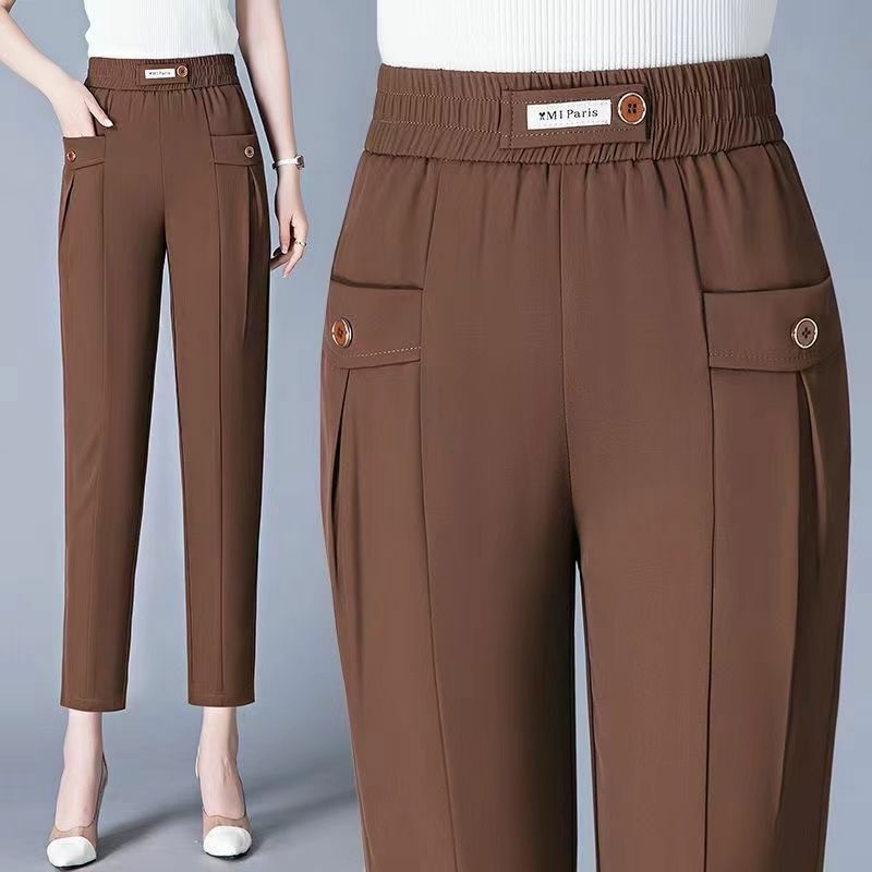 Office Lady Fashion Korean Harlen Pants Spring Summer New Women Elastic High Waist Solid Pockets Slim Casual Straight Trousers