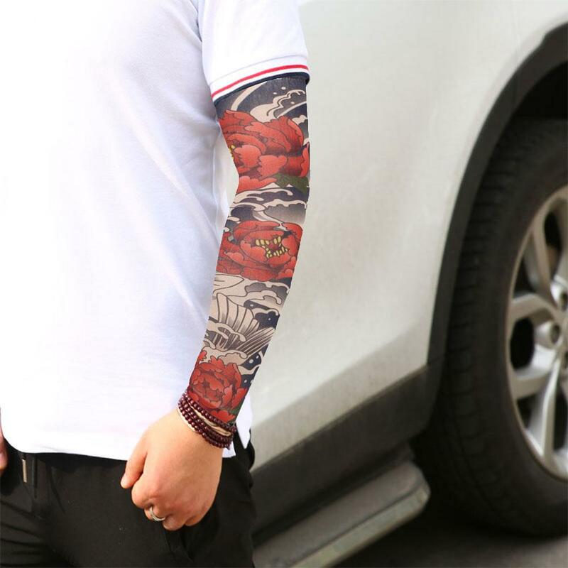 Tato lengan lengan pria, tato palsu sementara lengan tangan Unisex penghangat elastis perlindungan UV keren dicetak tahan matahari Punk