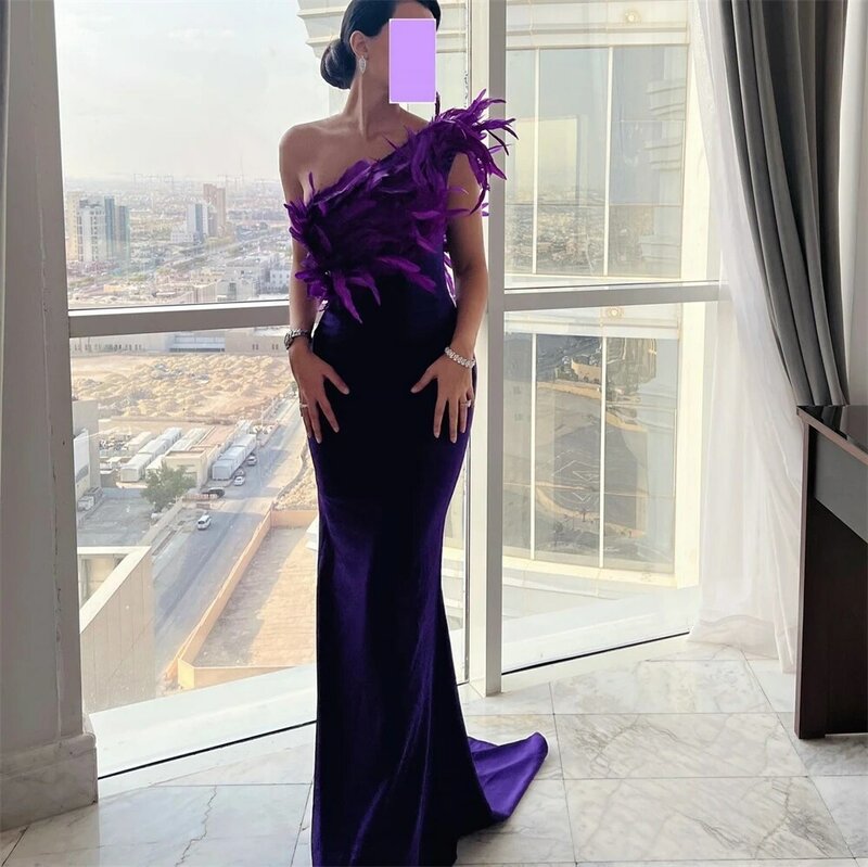 Prom Dresses Fashion One Shoulder Sheath Party Dress Floor Length Sleeveless Feathers Formal Evening Gowns 이브닝드레스 فستان سهره
