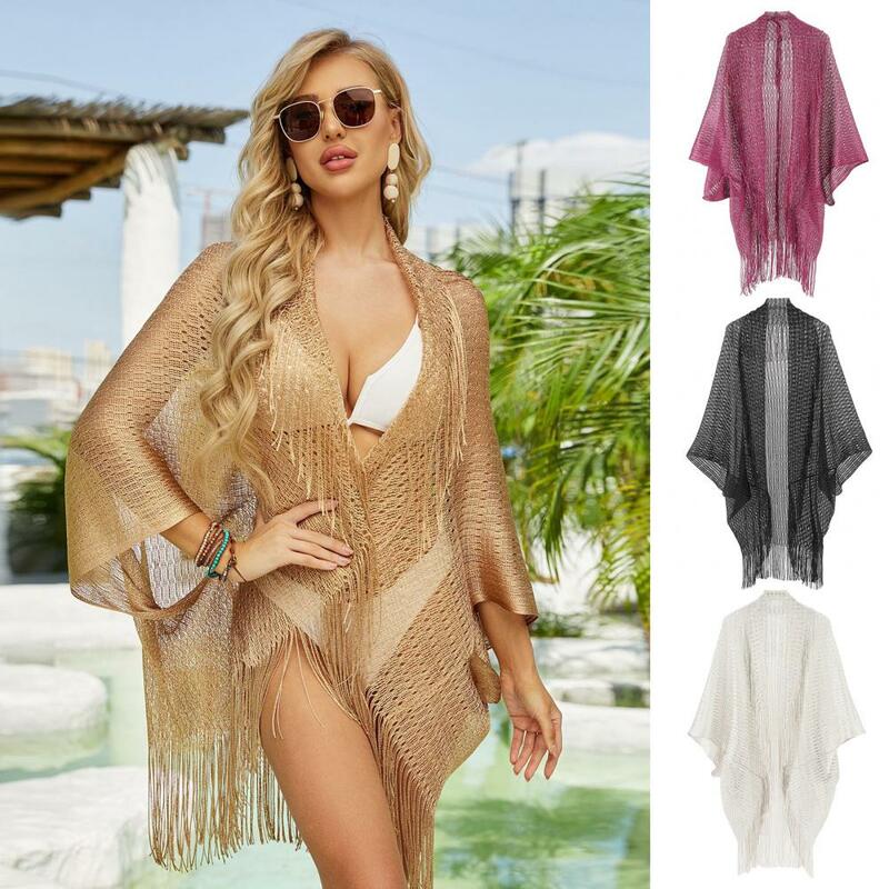 Soft Swimwear Shawl Sunscreen Swimsuit Cover-up Poncho with Tassel Decor Quick Dry Beachwear Shawl for Summer Holiday Beach