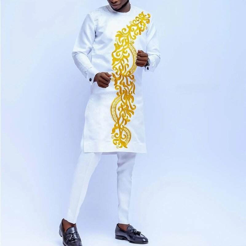 2024 Luxe Heren Pak Set Kaunda Pak Smoking Outfits Pocket Top Broek Afrikaanse Etnische Bruiloft Gentleman 2 Stuks Sets Pak Outfits