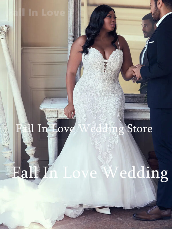 Zakochaj się w Plus Size sukni ślubnej dla kobiet koronkowe aplikacje syrenka tiulowe paski ślubna suknia nowy szlafrok de mariée 2024