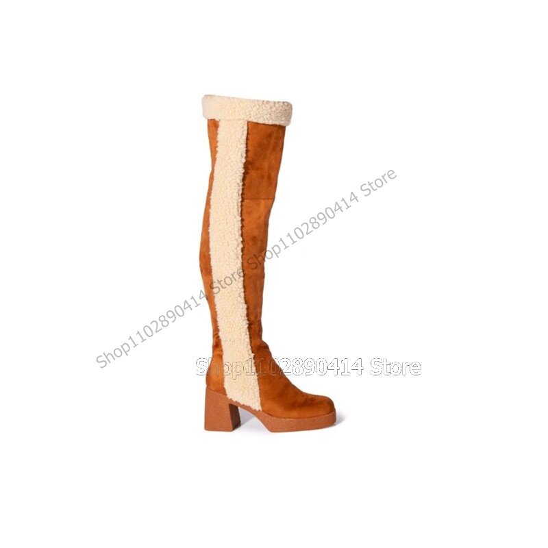 Botas de plataforma quadrada de lã de cordeiro para mulheres, sapatos sobre o joelho, saltos volumosos, zíper lateral, marrom, moda, 2023