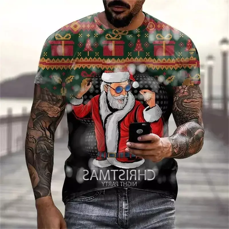T-shirt de Noël à manches courtes imprimé père Noël en 3D pour hommes, col rond, haut décontracté, mode Harajuku, grande taille, nouveau