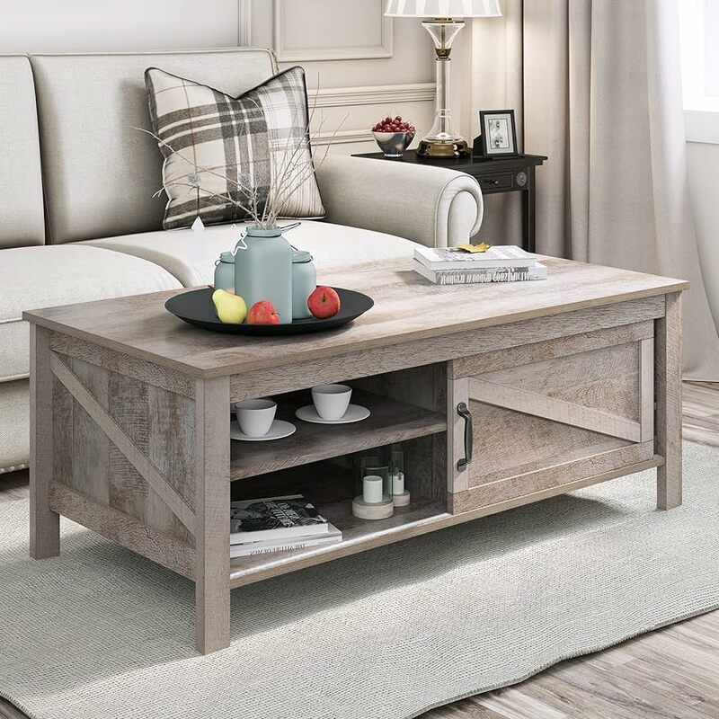 YITAHOME Coffee Table with Storage & Sliding Barn Doors,Farmhouse Coffee Tables for Living Room with Adjustable Shelves,Wood Liv
