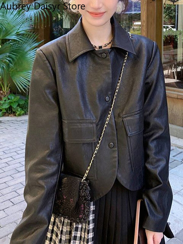 Korean Fashion Black Leather Jacket Women Streetwear Vintage Button Suit Blazers Casual Single Breasted High Street Thin Coat