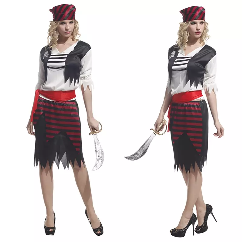 Fantasia pirata caribenha para mulheres, festa de Halloween, roupas adultas com chapéu, vestido gótico, sexy