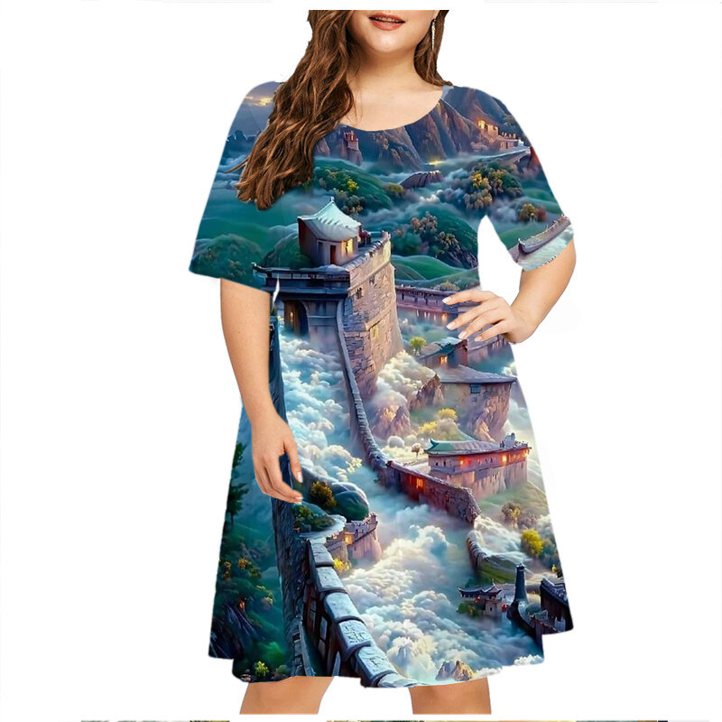 2023 abiti estivi donna Retro Painting 3D Scenery Print Dress manica corta allentato Plus Size abbigliamento 6XL prendisole abito Casual