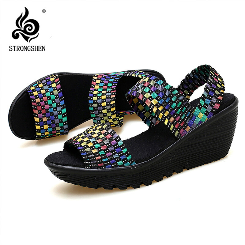 STRONGSHEN Summer Women Platform Handmade Weave Sandals Breathable Walking Shoes  5CM Heel Sneakers Female Zapatos De Mujer