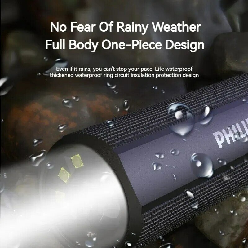 Philips-Lampe de poche LED haute puissance avec charge de type C, batterie 18650, 4 modes d'éclairage, lampe de camping, autodéfense