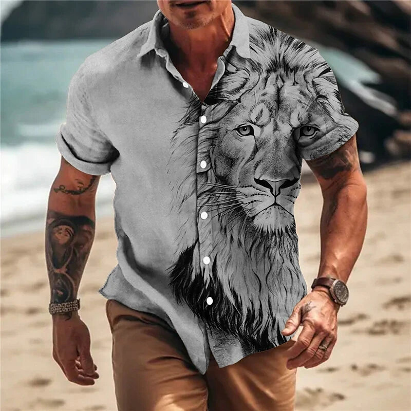 Hawaii kemeja motif hewan 3D pria dan wanita, atasan longgar bersirkulasi besar lengan pendek pola singa musim panas